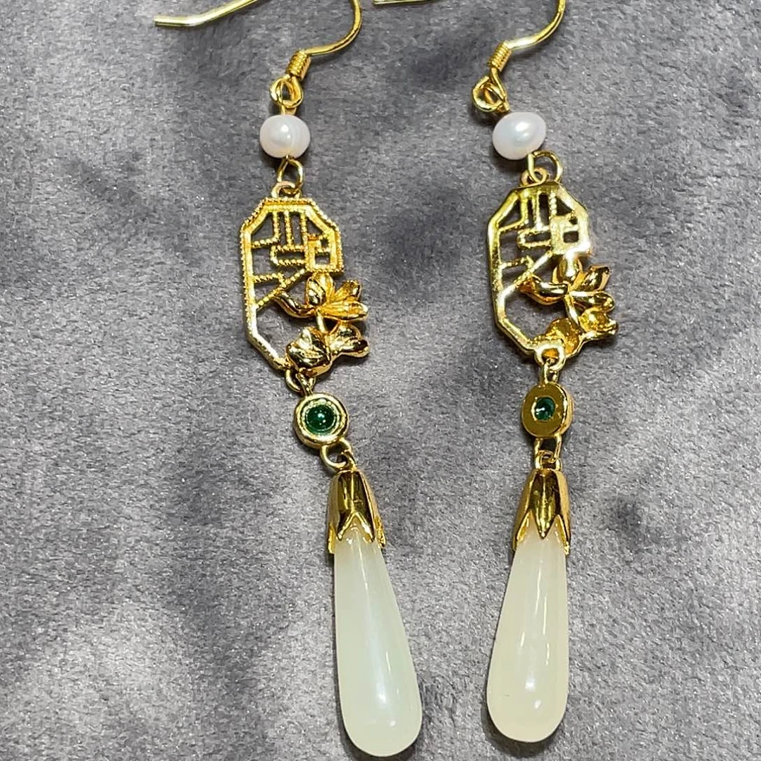 和田玉银S925镀金镶嵌耳环