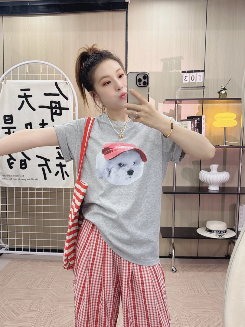 【瞪眼小狗】夏季ins宽松纯棉短袖t恤女2025新款印花卡通百搭Q0112