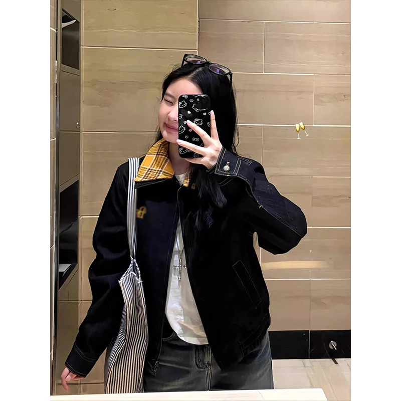 韩系慵懒风复古牛仔外套女春秋季撞色拼接宽松百搭翻领夹克上衣潮