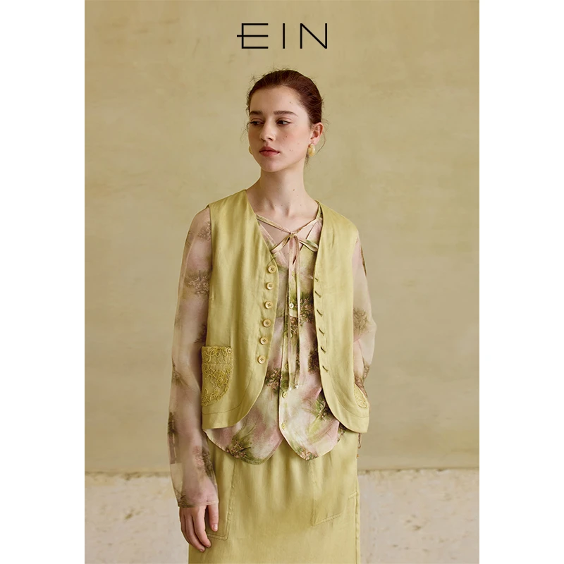 EIN/言商场同款新品复古炒色蕾丝拼接V领绣花亚麻马甲