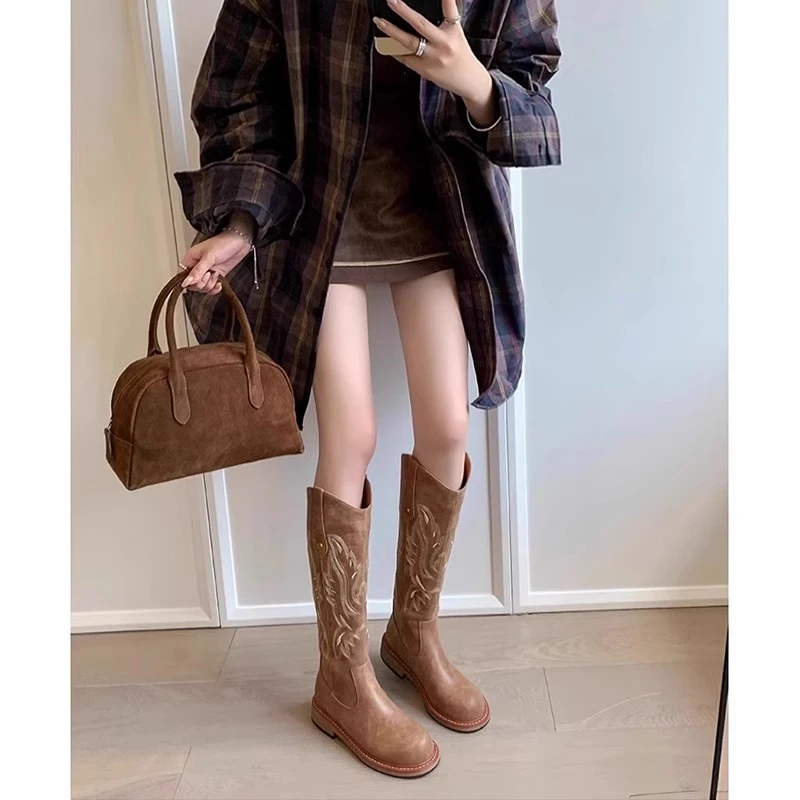 刺绣西部牛仔靴女夏美拉德长靴高筒靴2025新款骑士靴春秋马丁单靴