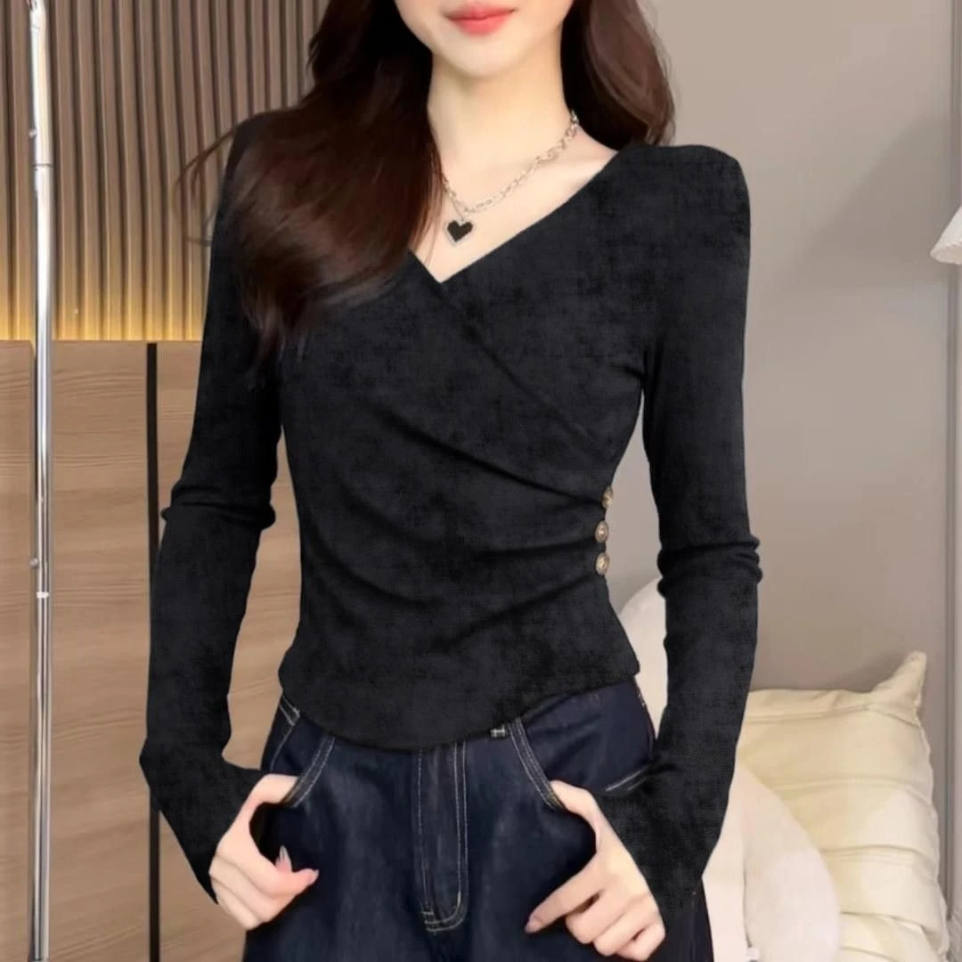 大码时尚扎染V领长袖打底T恤女春秋冬内搭设计感纽扣修身显瘦上衣