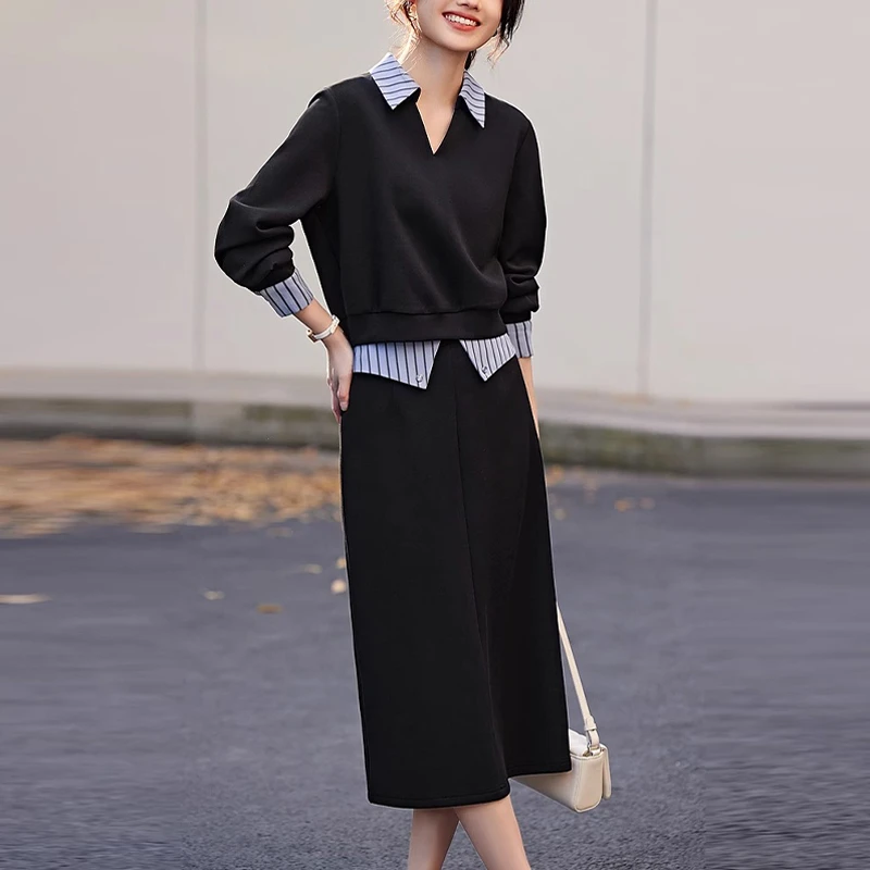 早秋穿搭一整套2024新款拼接衬衫领卫衣休闲简约半身裙套装女