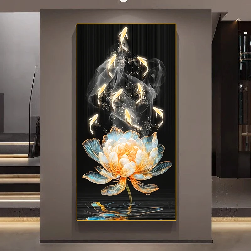 6342-和气生财平面玄关画轻奢九鱼图高档荷花走廊过道挂画