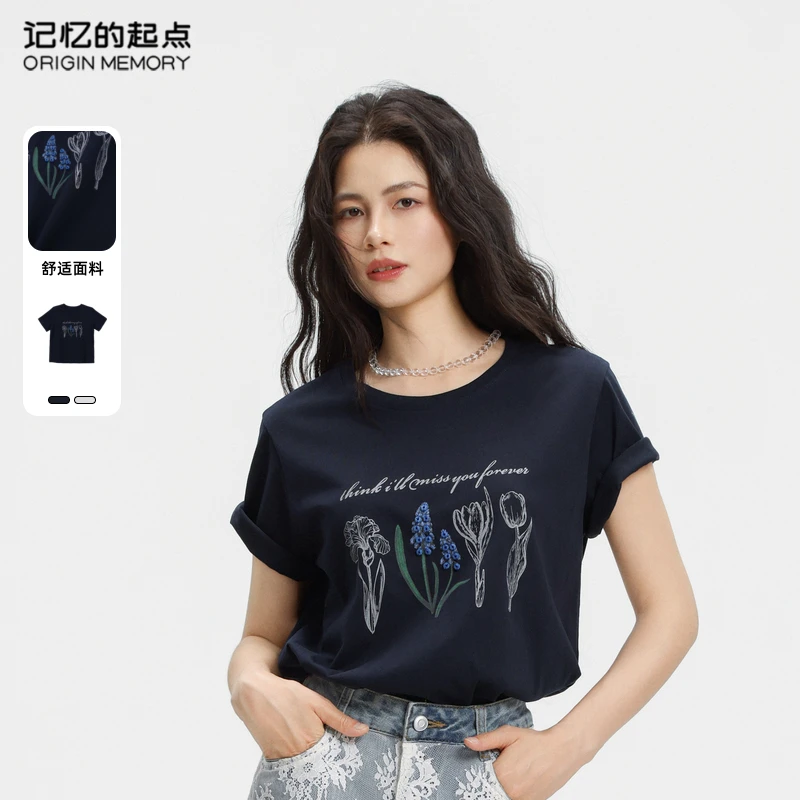 记忆的起点花卉印花短袖T恤女士2025年夏季新款上衣69GX37023W