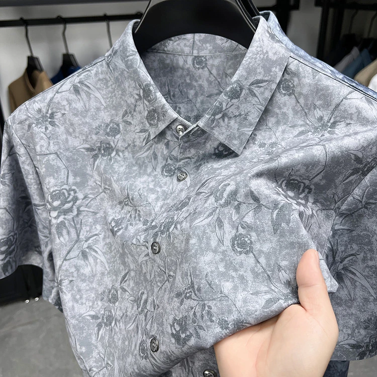 保罗新款商务休闲短袖翻领衬衫男士时尚都市款花衬衣含亚麻更透气