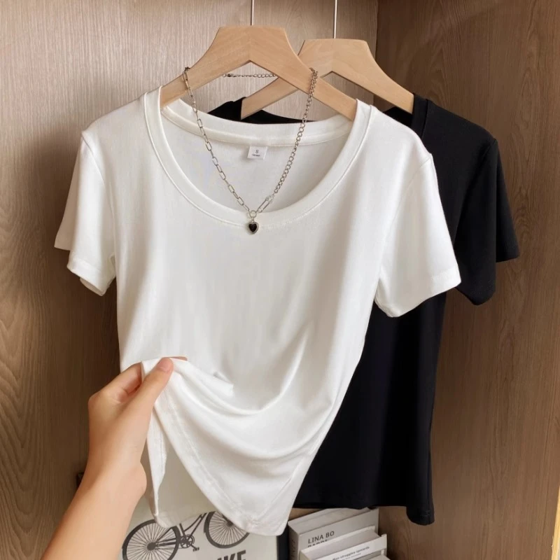 芯娇晴高级感U领白色短袖t恤女夏季低领正肩内搭高端冰丝针织上衣