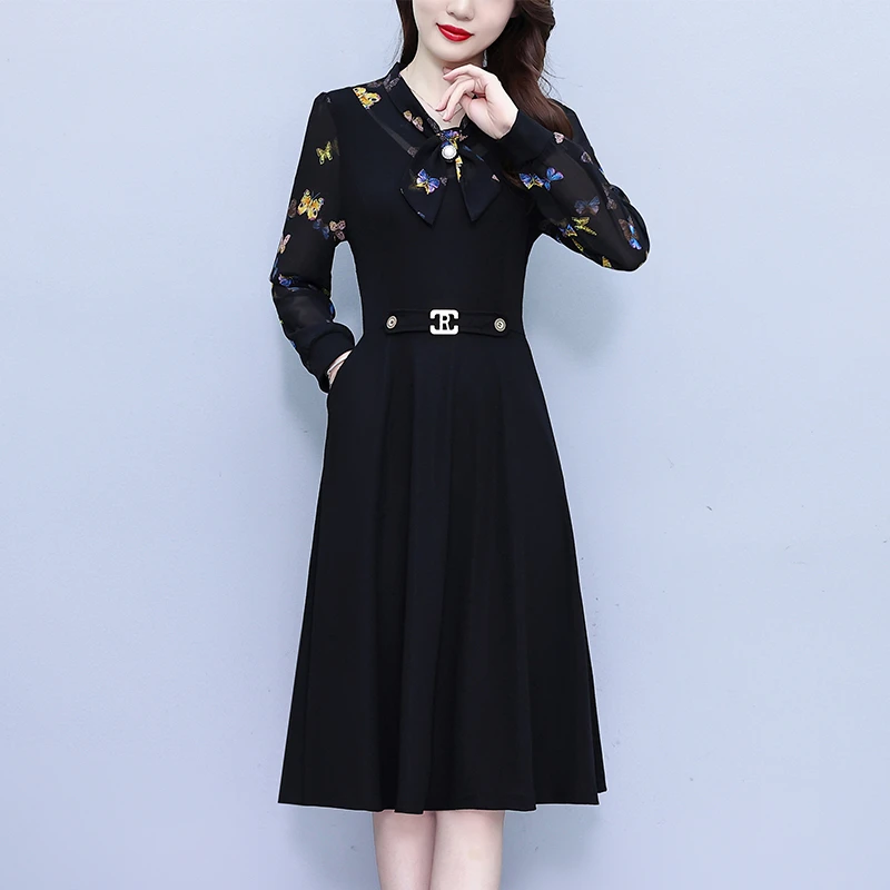 8550大码秋季新款韩版中年妈妈假两件简约条纹拼接蝴蝶结连衣裙