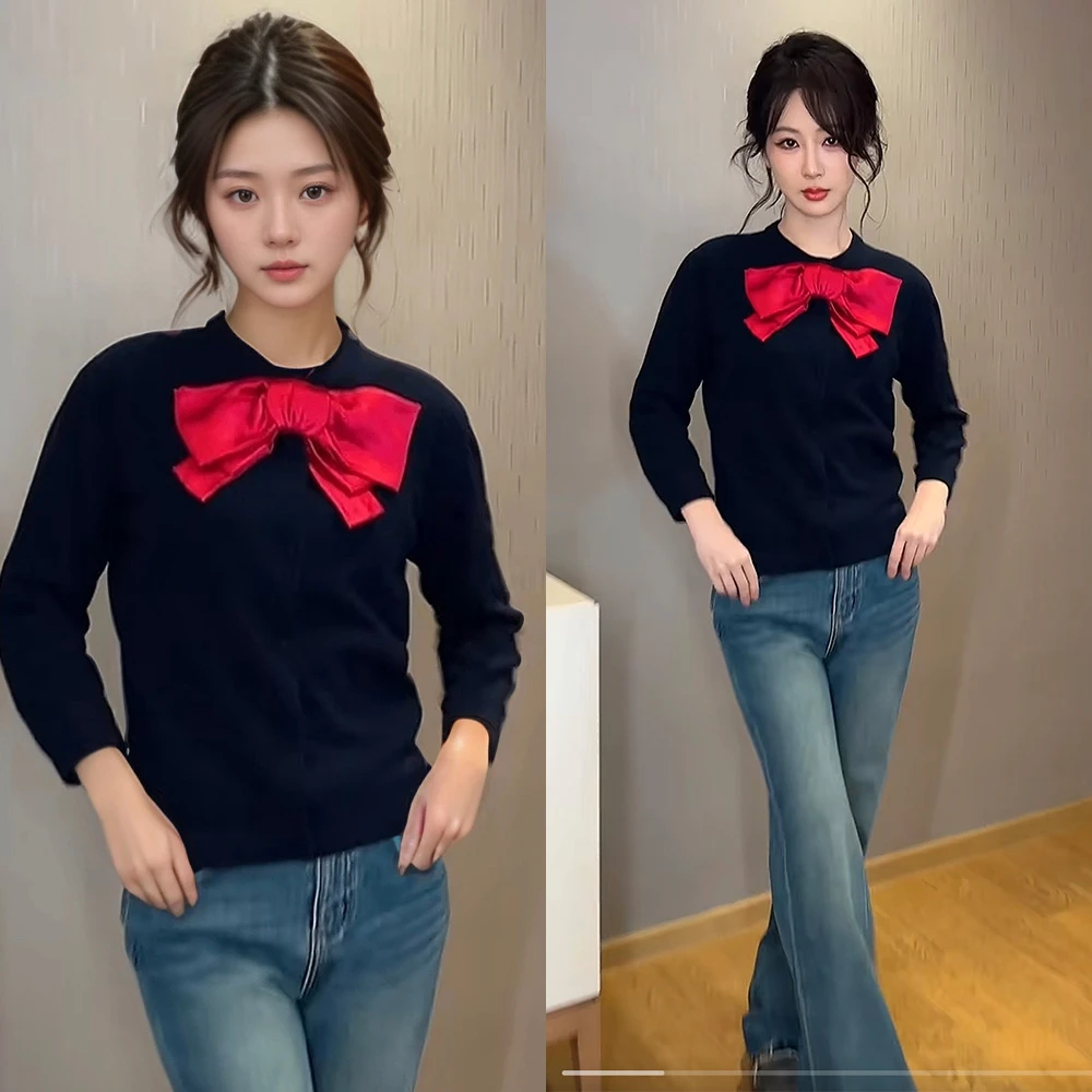 Miss Judy杨紫同款蝴蝶结圆领针织毛衫女时尚百搭长袖上衣春季新
