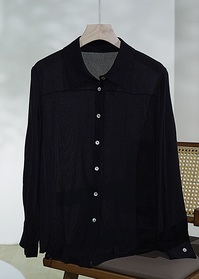 【晚香】100%桑蚕丝新款鬼皱时尚宽松长袖休闲真轻奢气质衬衫1155