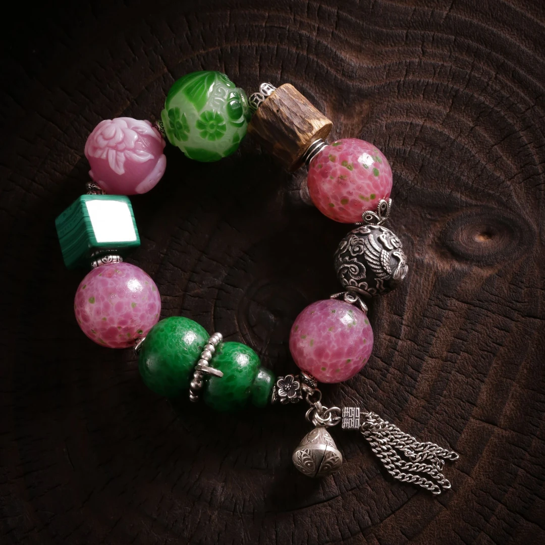 925银手链  大头姐S10688 龙凤珠喜字流苏呱皮绿珠粉色串珠手链