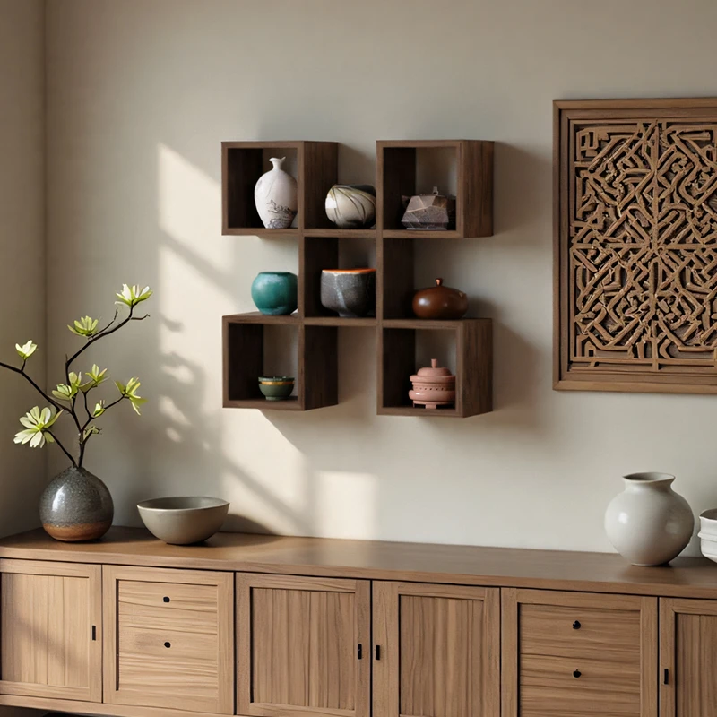 小型简约墙上挂多层置物架古典茶具收纳架中式风格木质熏炭工艺