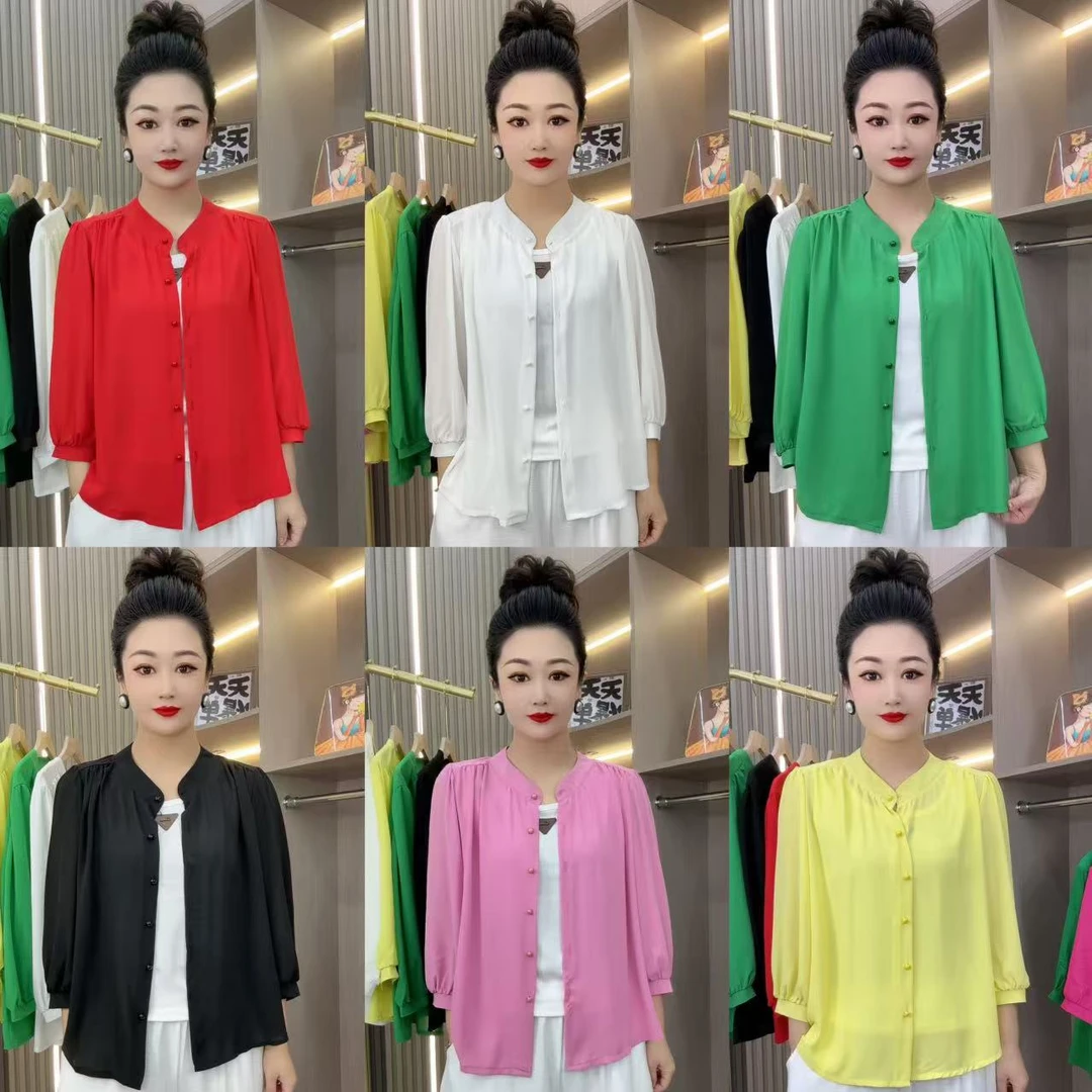 时尚七分袖气质妈妈纯色衬衫显瘦小衫减龄上衣0505