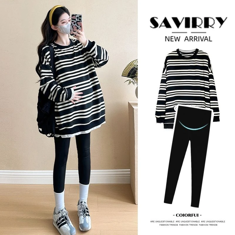 假两件孕妇上衣春秋冬款外穿时尚怀孕中长款条纹孕妇卫衣怀孕上衣