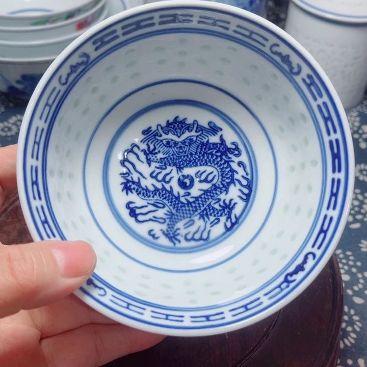 青花玲珑5寸饭碗龙纹