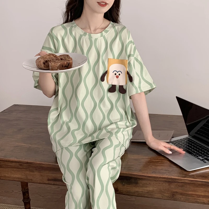 夏季短袖睡衣套装长裤卡通家居服春秋天可外穿韩版薄款女士学生