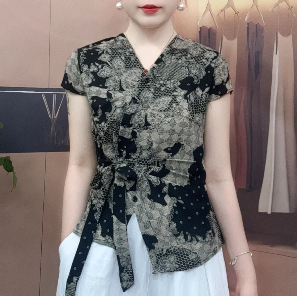 2025夏季新品通勤时尚碎花宽松系带女人味短袖v领开衫妈妈装上衣