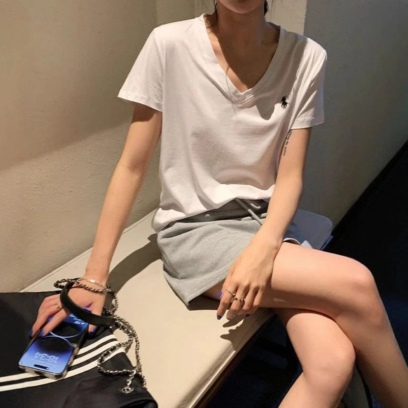 【小马刺绣】圆领V领简约女夏季新款宽松显瘦通勤百搭正肩短袖T恤