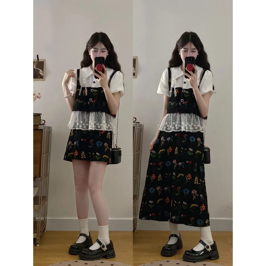 MO88ZSPF大码老钱风套装女2025夏蕾丝拼接马甲衬衫+半身裙两件套