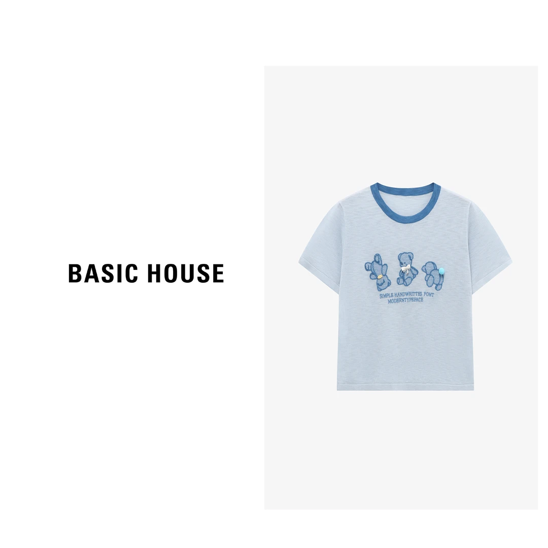 Basic House/百家好夏季凉感透气小熊刺绣短袖针织衫-B0625B5C162