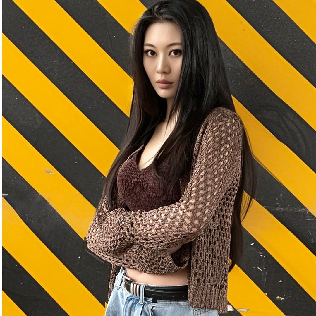 【ASKYO】镂空外套针织喇叭袖长袖