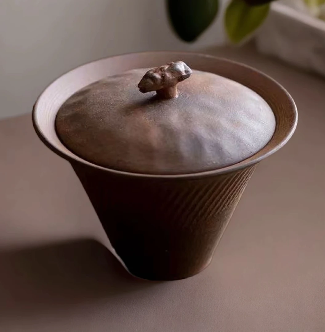 二才盖碗茶具老岩泥粗陶宽口功夫茶器中式小盖碗高端斗笠1318