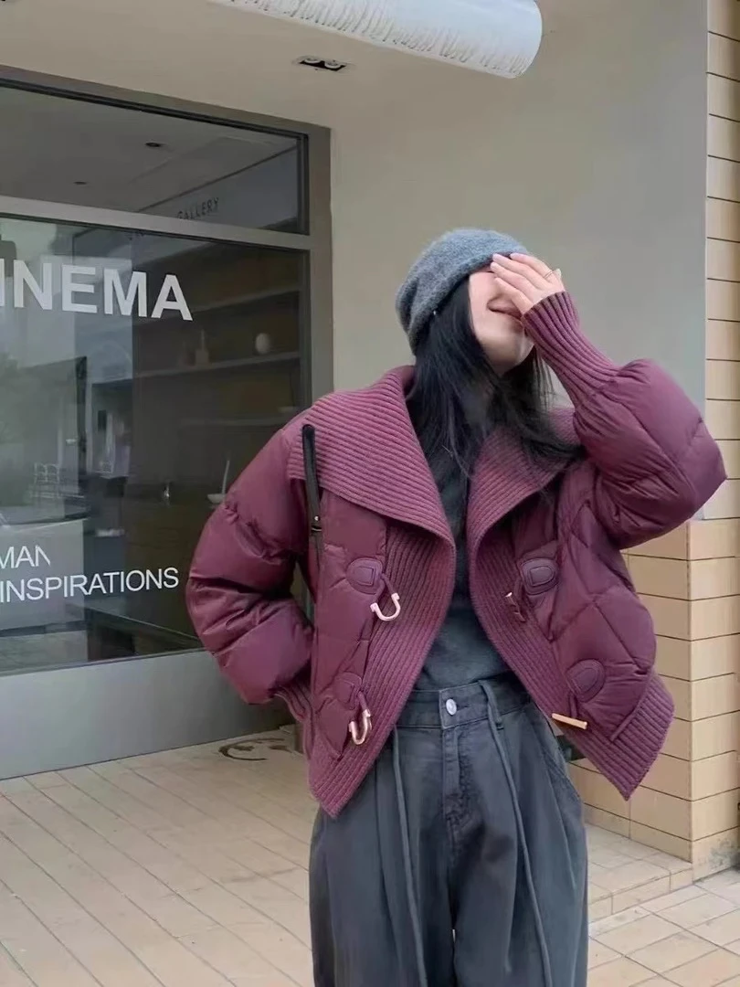 气质羽绒服女款秋冬新款爆款针织拼接大翻领外套短款小