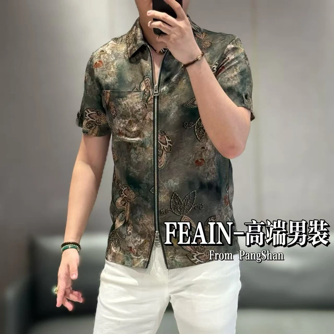 全缎面提花工艺蝴蝶翩翩飞舞上下双开拉链翻领款短袖夹克