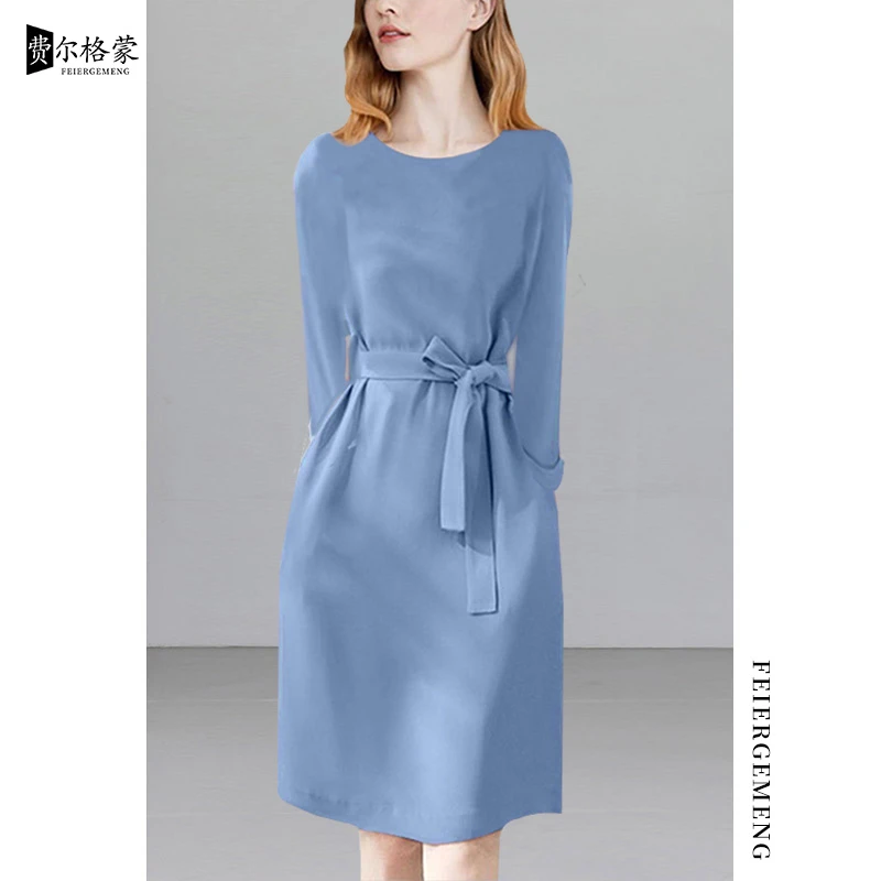 法式秋季简约高级感轻奢气质裙子长袖圆领新款收腰显瘦连衣裙优雅