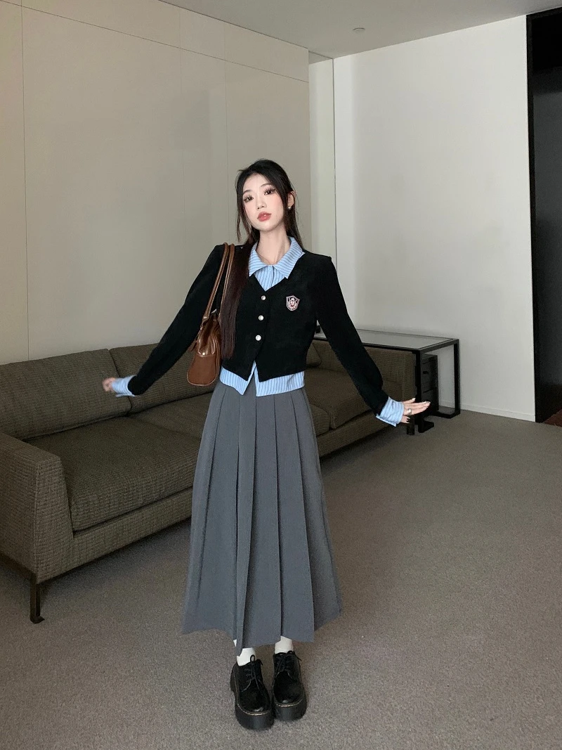 新款小众POLO衬衫学院风针织衬衫拼接百褶裙两件套装【配腰带】百搭