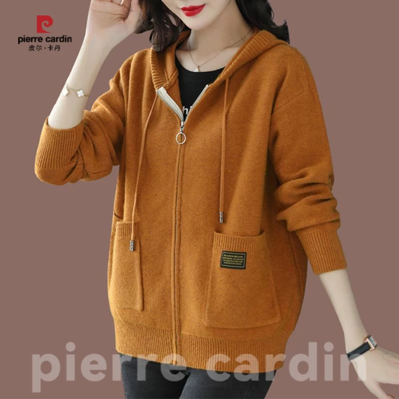 皮尔卡丹连帽羊毛衫外套女秋冬装2025新款时尚外搭带帽羊毛针织开