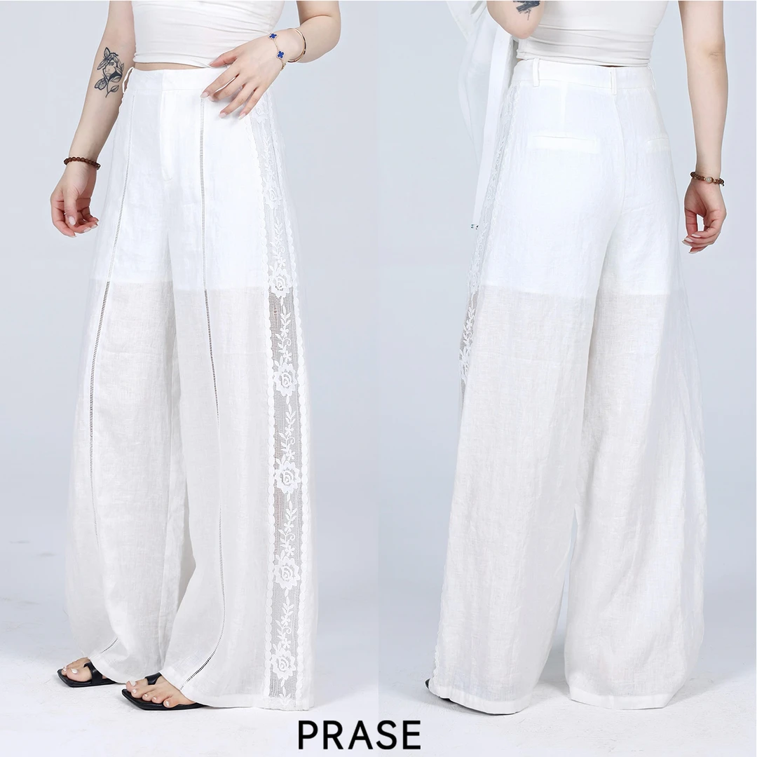 PRASE·杨杨【白调幻想】100亚麻微胖轻奢设计夏蕾丝休闲裤PR505S55