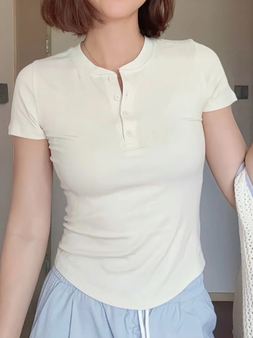 lulu同款露露夏季半开领螺纹短袖高弹修身运动健身短款T恤