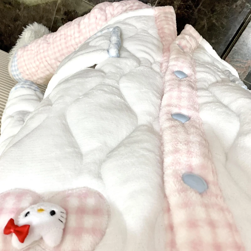 侘町2025冬季新款三层夹棉粉格蝴蝶结Kitty睡衣女保暖加厚家居服