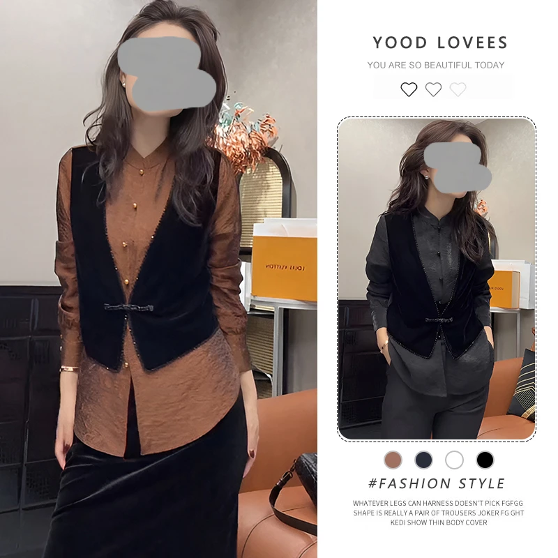 设计感小众拼接假两件衬衫上衣2025春秋新款气质百搭盘扣立领衬衣