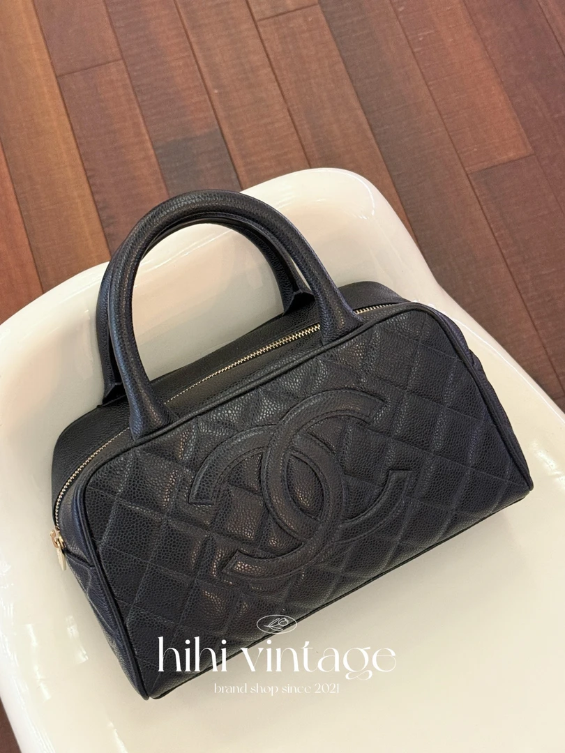 95新 Chanel/香奈儿 HIHI/黑色荔枝纹保龄球手提包小号7开二店