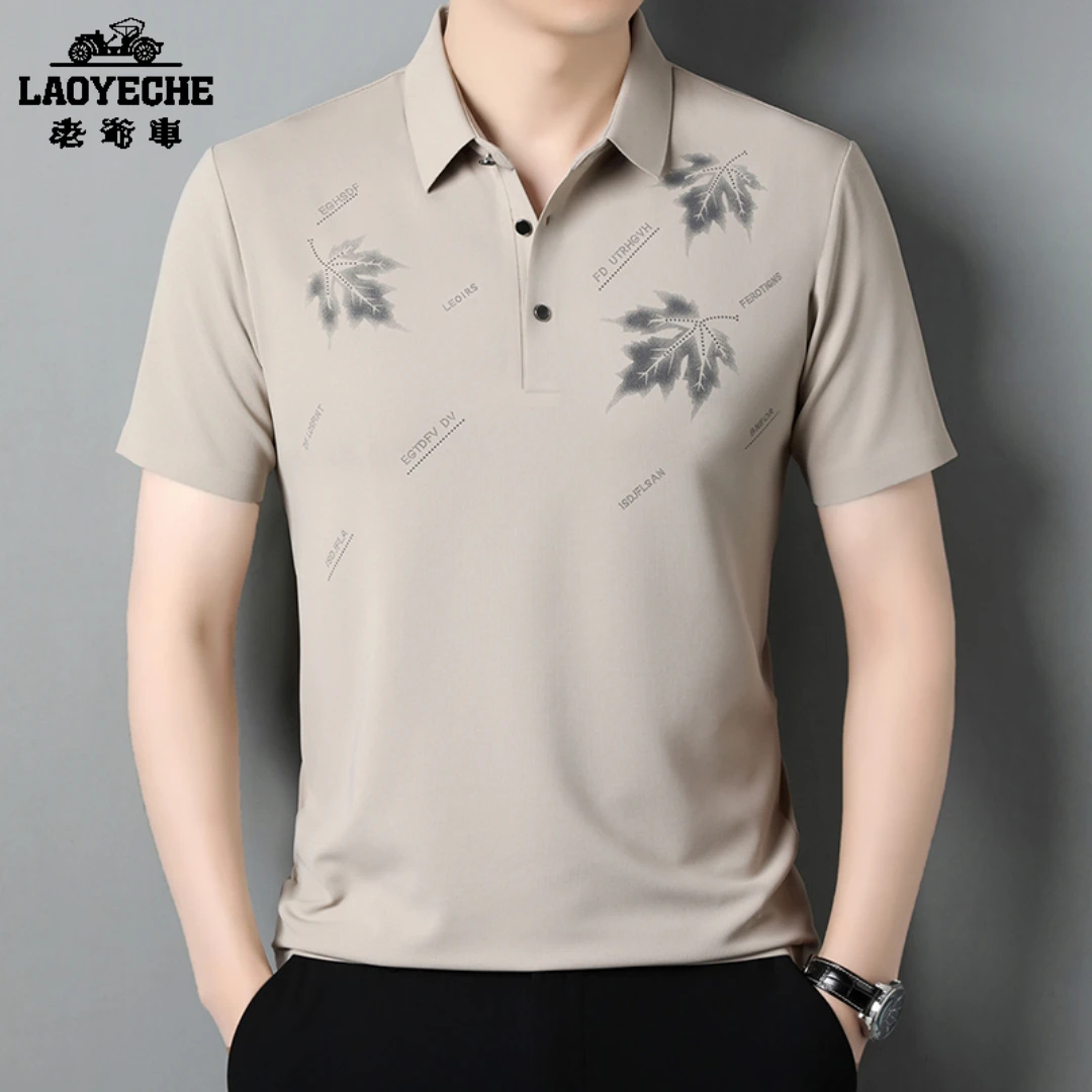 老爷车夏季新款印花薄款短袖衬衣商务休闲中老年款衬衫领上衣