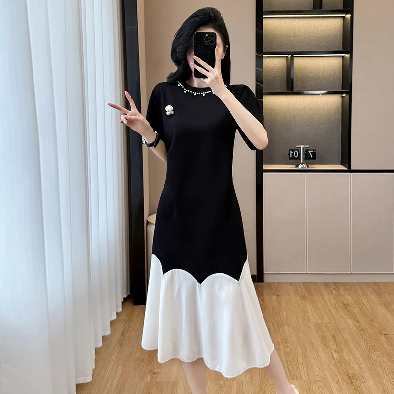 时尚休闲大码女装2025夏季新款时尚设计感拼接假两件高级感连衣裙