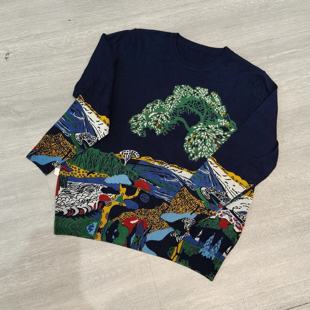 秋冬时尚树林村庄图案长袖针织衫-果梓329