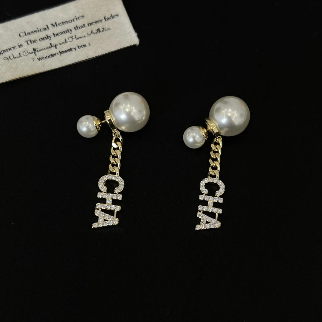 铜合金耳饰 法式轻奢字母锆石珠珠耳环4178