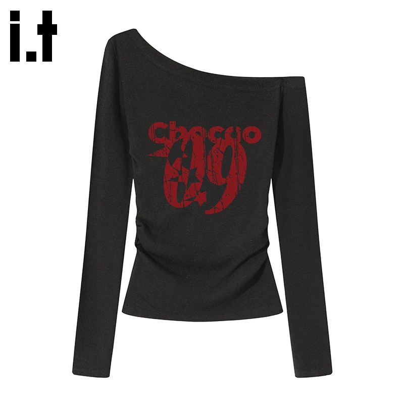 it:CHOCOOLATE褶皱收腰露肩设计感斜肩长袖打底衫T恤女秋短款上衣