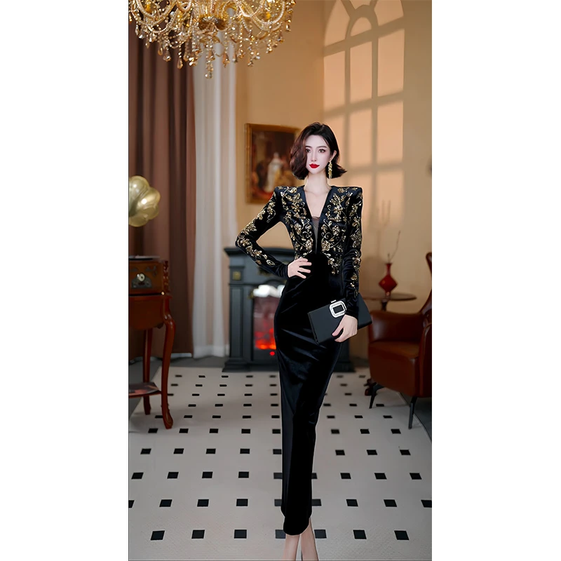 尤克菲儿 原创设计高定丝绒绣片气质优雅高腰时尚修身连衣裙