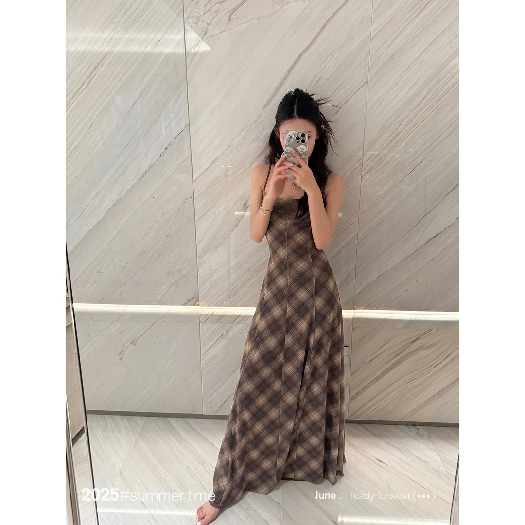 SUNONEONE 网纱格子吊带连衣裙女夏季法式收腰长裙无袖裙子H1172Q