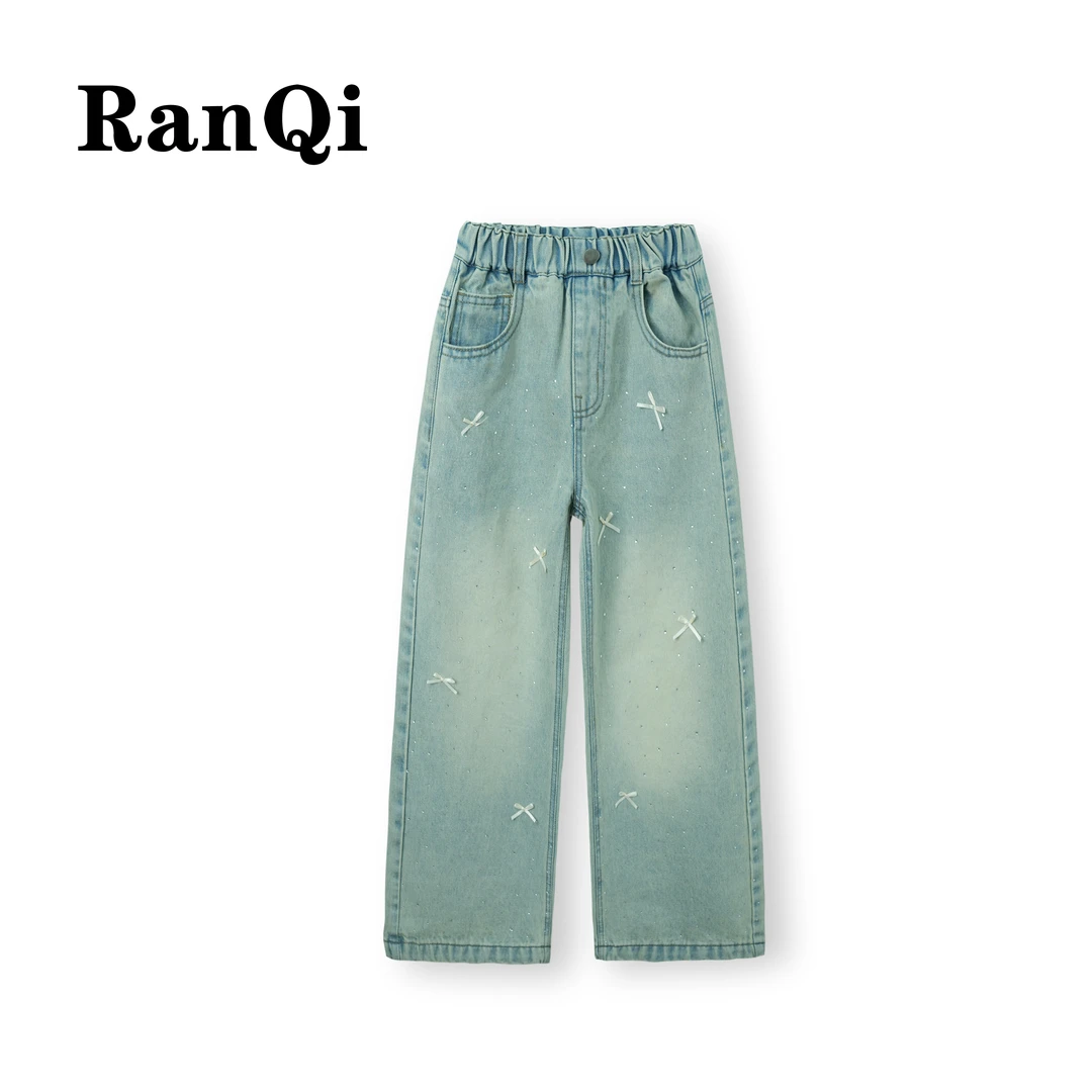 女童牛仔裤春款2025新款洋气亮钻休闲中大童百搭显瘦直筒裤A003
