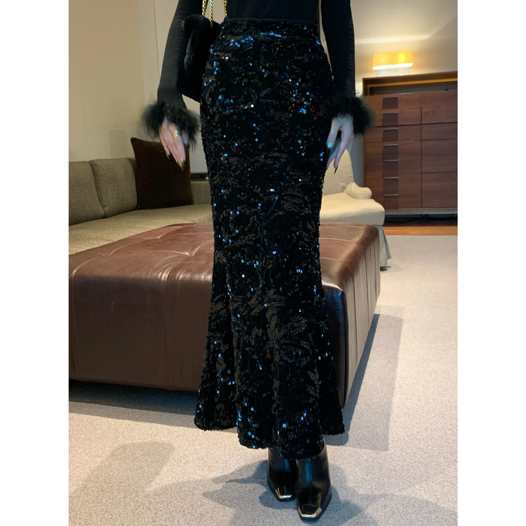 JIJINQI时尚气质修身包臀半身裙黑色长款亮片显瘦长裙JC10BZPT594