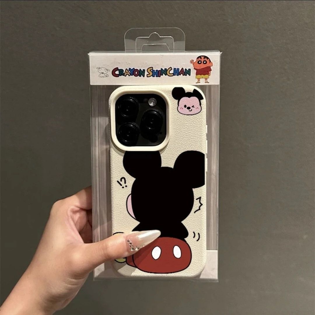 卡通背对米奇适用苹果16手机壳iPhone15pro皮纹14新款13女款12/11