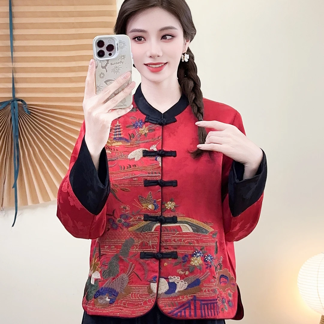 长袖立领植物花卉秋季厚款短外套女士复古民族风短款