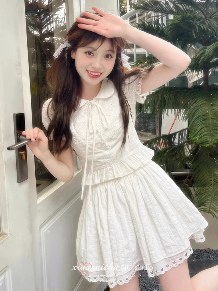 盐系穿搭甜美白色套装裙女夏季小个子白色娃娃领高腰半身裙两件套