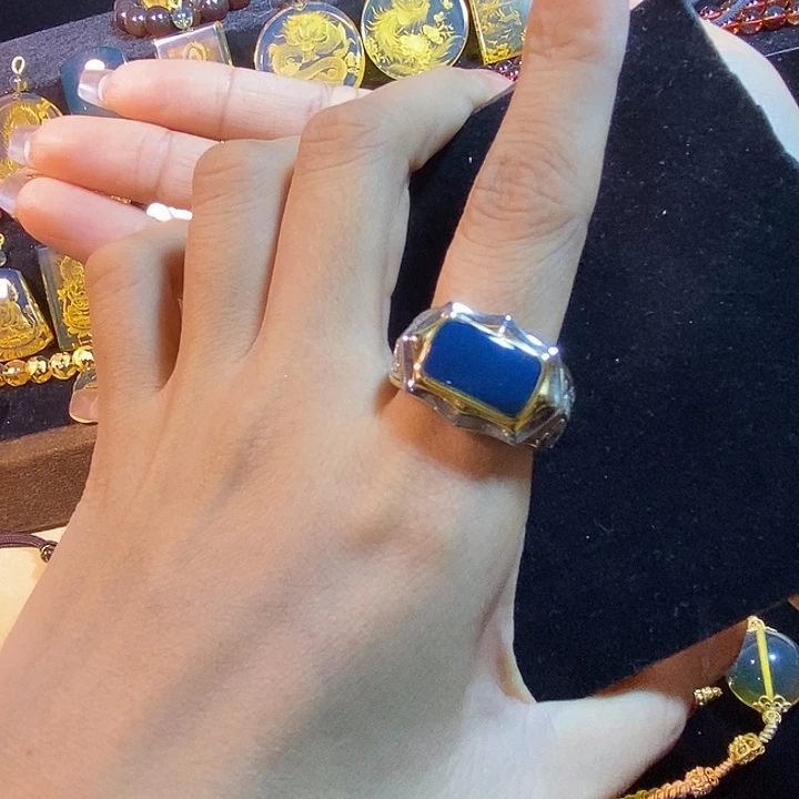 蓝珀银S925镶嵌珠宝奇石多米尼加蓝珀戒指