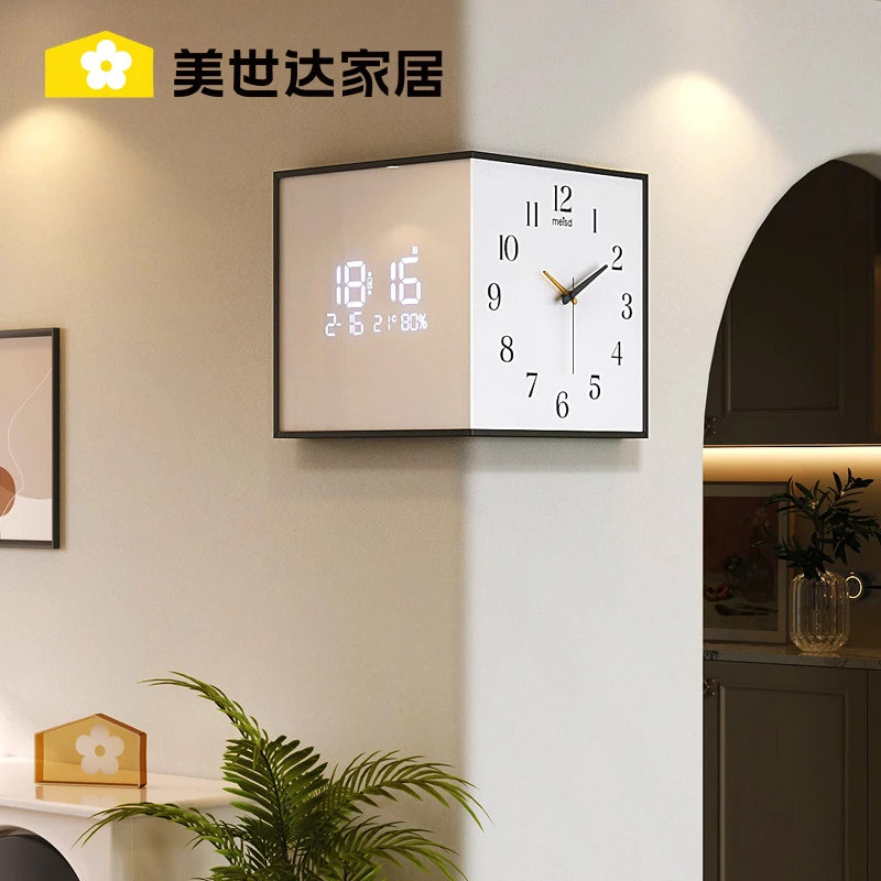 美世达转角时钟万年历电子钟2025新款双面挂钟创意拐角挂墙钟表